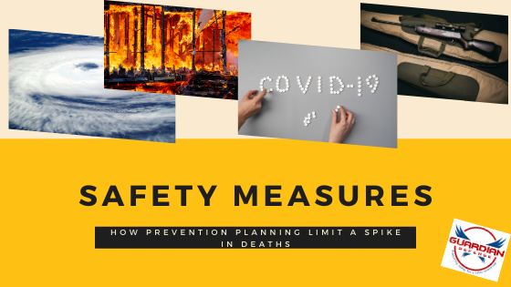 yellow banner with lettering safety measures, two hands writing covid-19 image of wildfire, natural disaster, How Safety Measures and Prevention Planning Limit a Spike in Deaths
